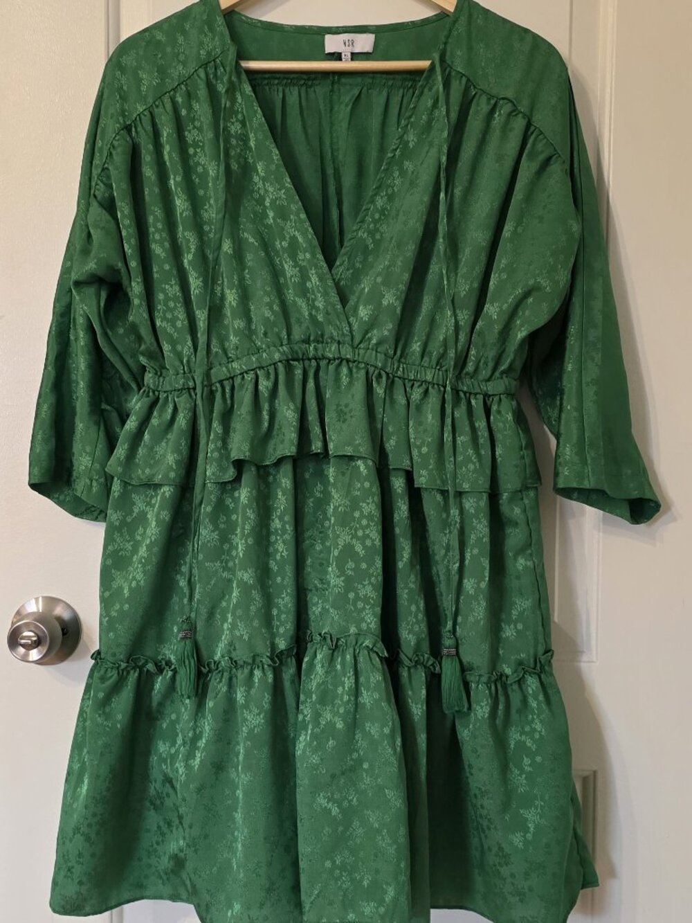 NSR Green Floral Satin Jacquard Tiered Mini Dress